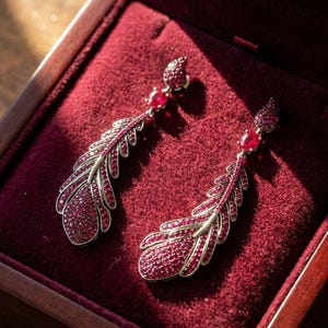 Puede incluir: Un par de pendientes con forma de pluma, con contorno plateado y engastados con pequeñas gemas de color rojo intenso. Se exhiben en un joyero de madera forrado de terciopelo burdeos, creando una presentación lujosa. Las gemas brillan.