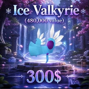 Puede incluir: Una obra de arte digital que presenta un personaje de Ice Valkyrie azul y blanco con una corona y alas, sobre un fondo de cascada y follaje púrpura. Se muestra el texto "Ice Valkyrie" y "300$".