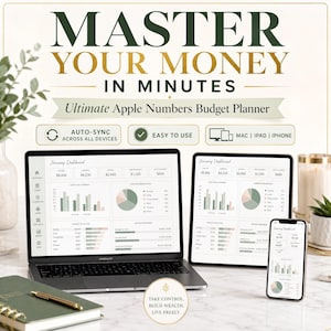 May include: A digital budget planner displayed on a laptop, tablet, and smartphone screen. The interface shows a January dashboard with financial charts, graphs, and data. Text on the screen reads MASTER YOUR MONEY IN MINUTES, Ultimate Apple Numbers Budget Planner, AUTO-SYNC ACROSS ALL DEVICES, EASY TO USE, MAC | IPAD | IPHONE, and TAKE CONTROL, BUILD WEALTH, LIVE FREELY.