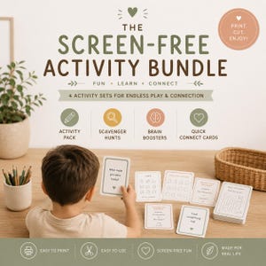 May include: The Screen-Free Activity Bundle, featuring four activity sets for endless play and connection. Includes activity pack, scavenger hunts, brain boosters, and quick connect cards. The image shows a child holding a card that says "What made you smile today?"