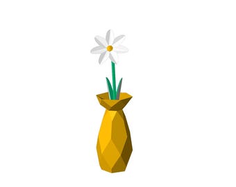 Jarrón de margaritas de papel | Facetado 3D | Decoración DIY en PDF | Patrón imprimible en PDF | Plantilla de papel DIY | Descarga digital instantánea