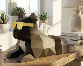 Caja de pañuelos con diseño de bulldog | Manualidades 3D en papel | Decoración DIY | Plantilla PDF imprimible | Modelo de papel DIY | Descarga digital instantánea