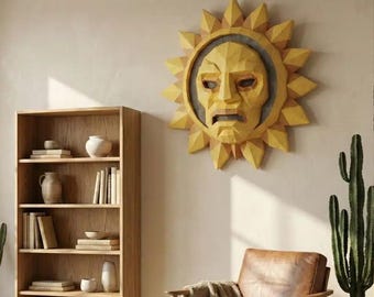 Máscara solar 3D de papel | Bajo poligonaje | Decoración de pared DIY | Plantilla PDF imprimible | Modelo de papel DIY | Descarga digital instantánea