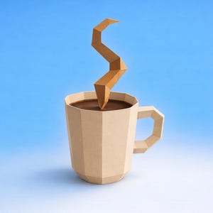 May include: A geometric paper coffee cup filled with dark liquid, with a brown paper steam design rising from the top. The cup is beige and has a geometric handle. The background is a gradient of blue.