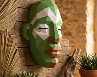 Máscara africana de papel verde | Diseño de baja poligonización | Arte mural 3D | Plantilla PDF imprimible | Modelo de papel para armar | Descarga digital instantánea