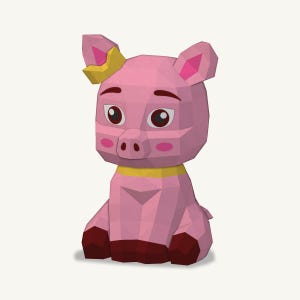 Peut inclure: Une figurine de cochon rose en style low-poly avec un design géométrique à facettes. Le cochon possède de grands yeux sombres, un collier jaune, une petite couronne jaune sur une oreille et des sabots rouge foncé, avec un museau rose clair.