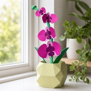 3D papercraft orchid, geometric flower, faceted pot, printable PDF decor template