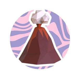 Puede incluir: Ilustración estilizada de un volcán en erupción, sobre un fondo circular con líneas onduladas rosas y moradas. El volcán es marrón con una nube blanca en la parte superior, creando un diseño geométrico.