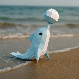 Puede incluir: Una figura de delfín geométrico azul claro que equilibra una pelota blanca y azul claro en su nariz. El delfín está en una playa arenosa con olas del océano en el fondo. La figura tiene un diseño poligonal.