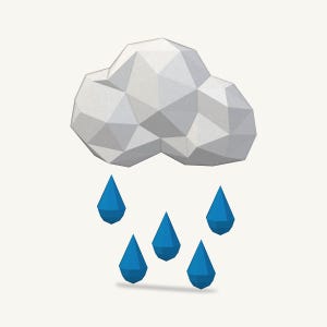 Puede incluir: Una escultura de nube low-poly en un tono gris claro con una superficie geométrica facetada. Debajo de la nube, cuatro elementos de lluvia distintos en forma de gota de color azul están suspendidos, cada uno con un diseño facetado a juego.