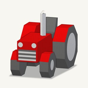 May include: A stylized red tractor with a blocky, geometric design. It features a tall white exhaust pipe, a gray grille, two circular white headlights, and large dark gray wheels. The body is composed of sharp, angular shapes in red and gray.