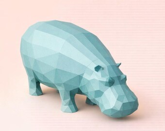 Hippo papercraft, geometric sculpture, 3D paper model, printable PDF pattern 25 pages