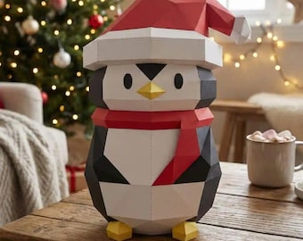 Pingüino navideño de papel 3D en PDF | Festivo | Decoraciones navideñas | Plantilla PDF imprimible | Modelo de papel para armar | Descarga digital instantánea