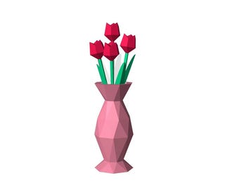 Jarrón de tulipanes de papel | Geométrico 3D | Decoración del hogar | Plantilla PDF imprimible | Modelo de papel para hacer tú mismo | Descarga digital instantánea