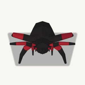 May include: A low-poly spider figurine featuring a black body and eight legs with alternating black and red segments. The geometric design creates a faceted appearance with sharp angles and a symmetrical layout, showcasing a stylized arachnid form.