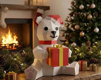 Oso navideño 3D de papel | Bajo poligonaje | Decoraciones navideñas DIY | Plantilla PDF imprimible | Modelo de papel DIY | Descarga digital instantánea