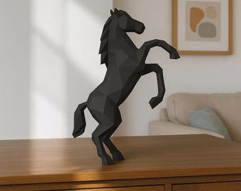 Caballo 3D negro de baja poligonalidad | Manualidades en papel | Decoración DIY desafiante | Plantilla PDF imprimible | Modelo de papel DIY | Descarga digital instantánea