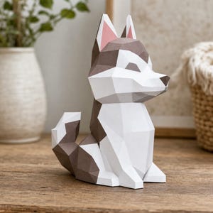 Husky pup papercraft bruin | 3D papier model | Printbaar PDF patroon | Decoratieve DIY hond