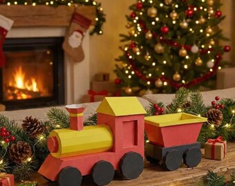 Tren navideño de papel | Fácil de hacer en 3D | Decoración festiva | Plantilla PDF imprimible | Modelo de papel para armar | Descarga digital instantánea