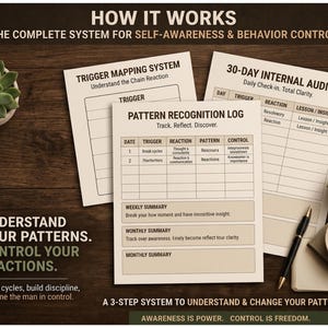 May include: A wooden desk with printed worksheets for self-awareness and behaviour control. The worksheets include sections for tracking triggers, reactions, and patterns. Text on the image reads: "Understand Your Patterns. Control Your Reactions."