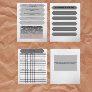 Puede incluir: Una plantilla para la itemización de la cocina con secciones para equipos, cubertería, aparatos y alimentos. Incluye ejemplos de hojas de inventario con columnas para el artículo, la cantidad y las notas. La plantilla también tiene un recordatorio para no sobrescribir el archivo principal.