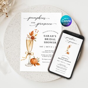 Inbjudan till bruddusch med pumpor och Prosecco direkt digital nedladdning, inbjudan till orange höstlöv + champagne, redigerbar Canvas-mall