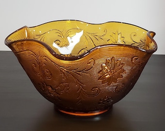 Vintage Ruffled Indiana Glass Tiara Amber Sandwich Pattern 10 inch Serving Bowl
