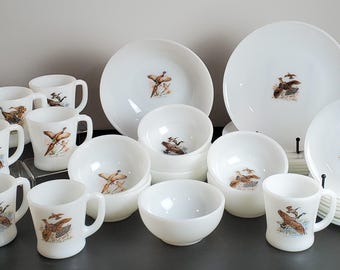 Vintage Fire-King Game Birds 32 Piece Dinnerware Set and Rare Serving Bowl