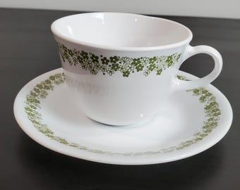 Vintage Corelle Crazy Daisy Cup and Saucer Set, Spring Blossom Green-Set of 8