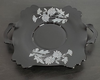Vintage L.E. Smith Black Amethyst Handled Tray, Silver Daisy Overlay, 11"