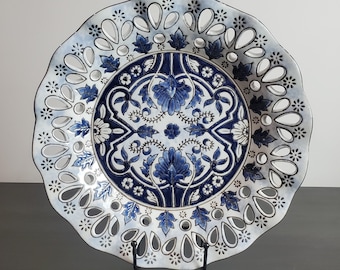 Vintage Turkish Iznik Blue & White Ceramic Plate -  1970s Ottoman Floral Art Pottery