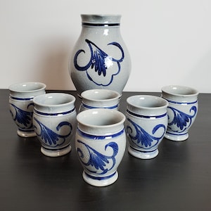 Vintage West Germany Salt Glazed Gerzit Staffel Stoneware Pitcher and 6 Cups Set