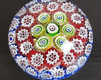 Vintage Archimede Seguso Murano Glass Paperweight, Concentric Millefiori with Original A.S. Label