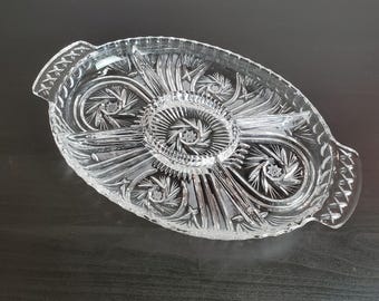 Vintage Spiral Star Pressed Glass Serving Tray | Mid-Century Relish Platter with Handles