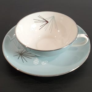Vintage MCM Franciscan Silver Pine Porcelain Cup & Saucer Sets