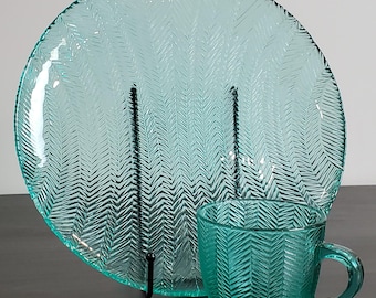 Vintage Arcoroc France Teal Herringbone Glass Dinnerware