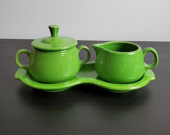 Retired Fiestaware Shamrock Green Sugar and Creamer Set with Figure-8 Tray