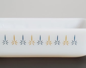 Vintage Fire King Candle Glow Loaf Pan-Mid Century Modern Atomic Starburst