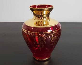 Vintage Vecchia Murano Ruby Red Glass Vase, 24K Gold Leaf Overlay