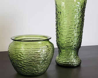 Vintage Avocado Green Glass Vase Set | Textured Beehive Footed Mid-Century NAPCO