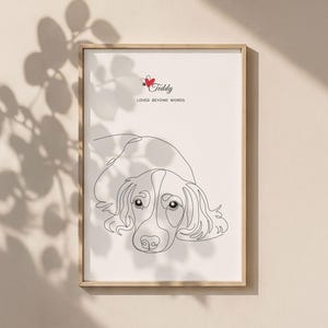May include: A framed wall art print featuring a black single-line drawing of a dog resting. Above the dog, the text reads Teddy with a small red heart icon, followed by the text LOVED BEYOND WORDS in black capital letters on a white background.