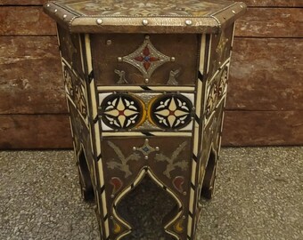 Vintage Moroccan Metal‑Inlaid Side Table — Hexagonal Wood Frame with Resin Mosaic & Camel Bone