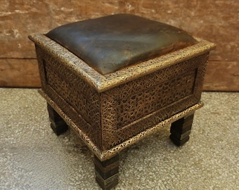 Vintage Moroccan Mini Stool — Carved Wood, Metal Inlay & Aged Leather Seat