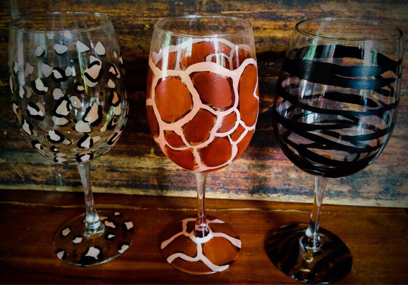 Set Of 3 Animal Print Wine Glasses Etsy