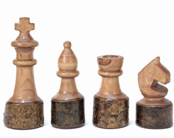 Handmade Rustic Chess Set, Rustic Wood Chess Pieces and Live-Edge Chess Board, Handcarved Chess Set with Tree Bark Family Board Game