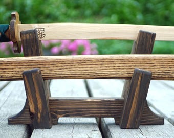 Double Katana Sword Display Stand, Japanese Samurai Katana Rack Holder