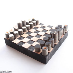 Chess Set Modern Wood Rustic Decor, Minimalist Style Log Chess Set--Unique Tabletop Wooden Display Board Game Chess Set Gift for Him