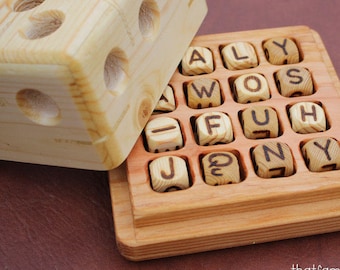 Wood Boggle Word Game Unique Handcrafted Gift Wooden Letter Family Classic Dice Puzzle Anniversary Gift for Her