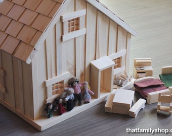 Little House Dollhouse and Furniture ONLY, Prairie Playset, Furniture, Accessories, Natural Waldorf