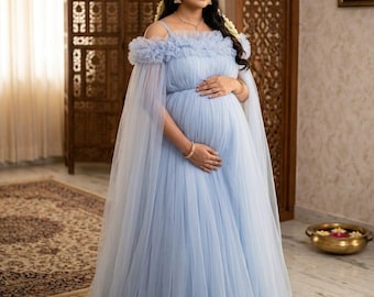 Light Blue Tulle Maternity Gown, Off-Shoulder Puff Sleeves, Baby Shower Dress